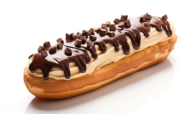 Isolated eclair with custard and chocolate icing on white background Sweet pastry products