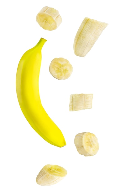 Photo isolated falling fruits. falling banana fruit isolated on white background as package design element.