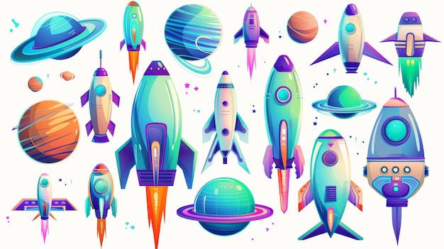 Isolated fantasy cosmic objects computer game graphic design elements funny space collection cartoon modern illustration set of alien shuttles