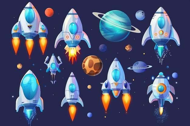 Isolated fantasy cosmic objects computer game graphic design elements funny space collection Cartoon modern illustration set of UFOs
