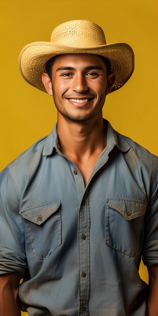 Photo isolated farm worker on yellow background