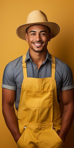 Photo isolated farm worker on yellow background