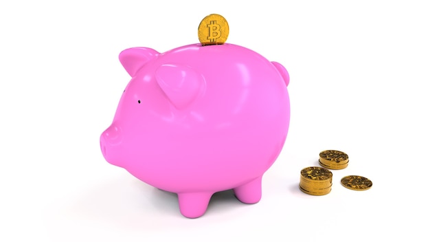 Isolated figure of a pink pigshaped piggy bank and a gold Bitcoin coin entering from the top