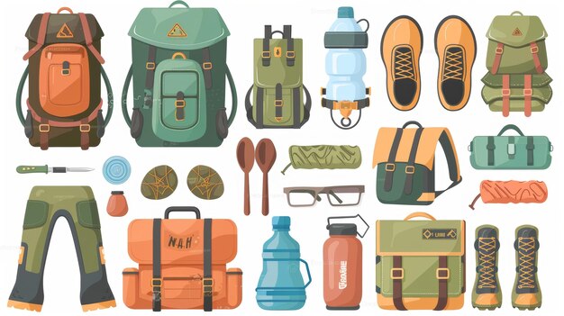 An isolated flat graphic modern illustration of a hiking backpack gear water bottle backpack strap and trekking boots