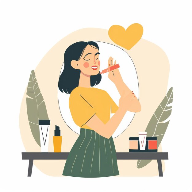 Photo isolated flat illustration of a woman happy with her appearance in the mirror