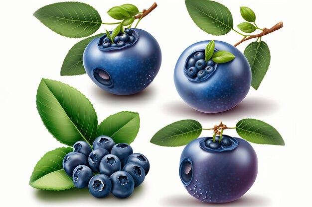 Isolated four blueberry fruits gathering of blueberries on white Blueberry established the clipping path