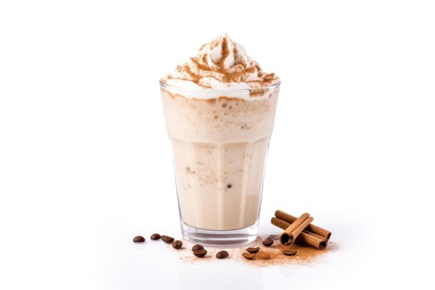 Isolated frappe cup with cream and cinnamon powder on white background