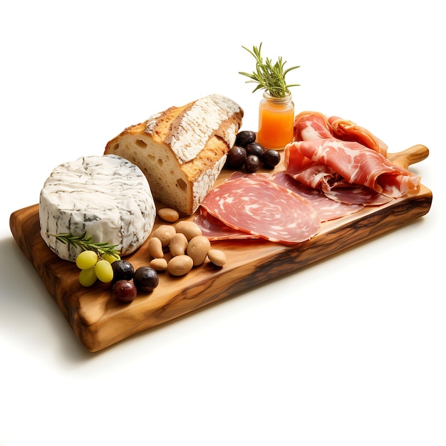 Isolated of french inspired charcuterie board with a marble serving plat on white background clean