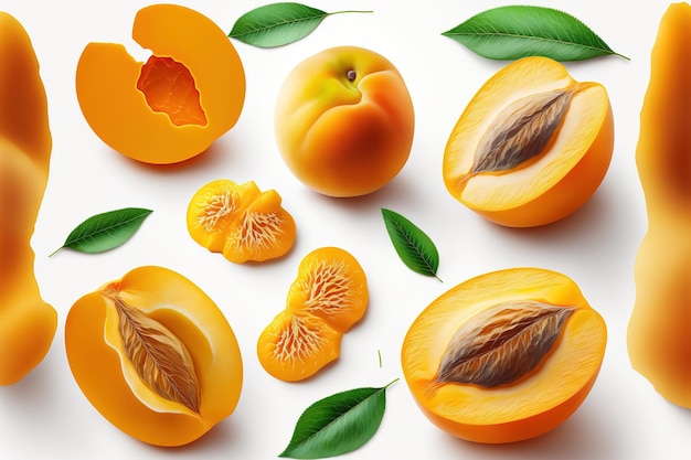 Isolated fresh apricots on a white background fruit in its entirety in half pieces with and without pits full depth of field clipping path and package design element