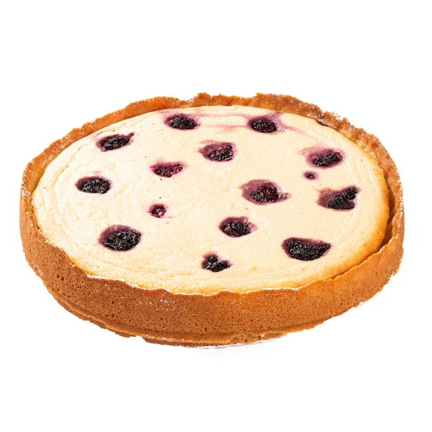 Isolated fresh baked curd and berry pie on the white surface