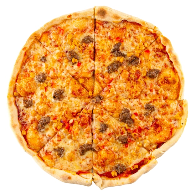 Isolated fresh baked meat pizza with beef