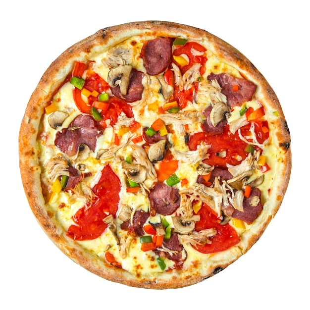 Isolated fresh cooked pizza with different toppings on white background