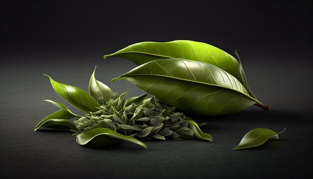 Isolated fresh green tea and dried leaves on a black background