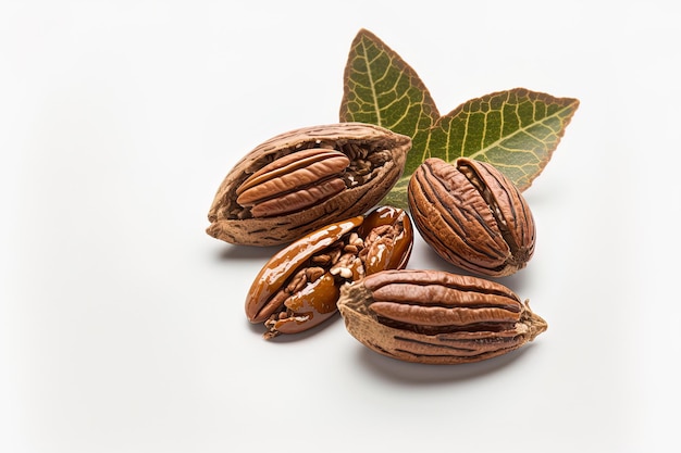 Isolated fresh pecan nuts on a white backdrop