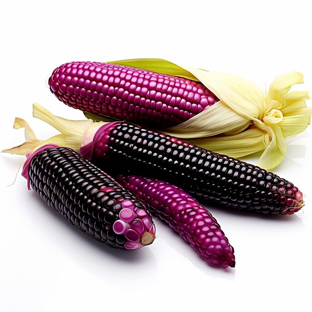 Isolated Fresh Purple Corn and Sweet Corn on White Background