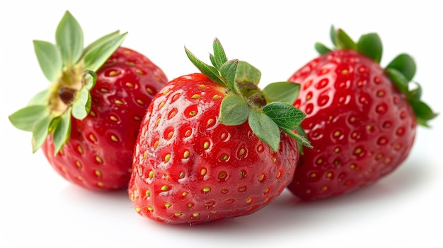 Isolated fresh strawberries on white background Closeup of three strawberries