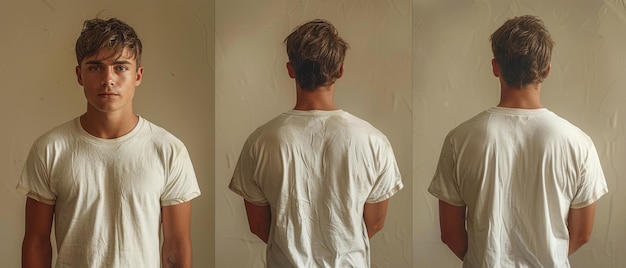 Photo isolated front and back of a young man wearing a white tshirt