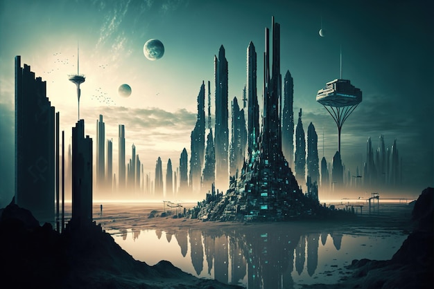 Isolated futuristic city on landscape as background