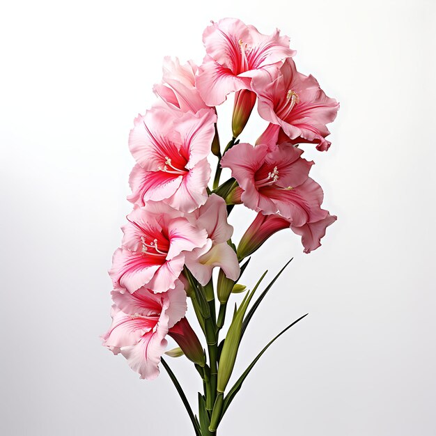Изолированный цветок гладиолуса, запечатлевший его высокие стебли, и вид сверху Vi, снятый на белом фоне