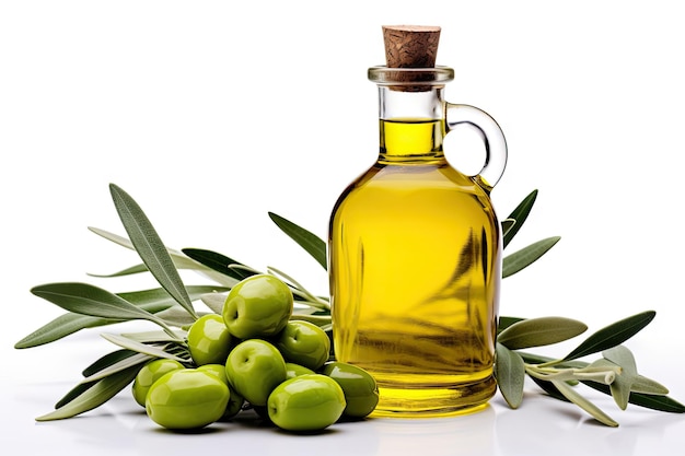 Изолированная стеклянная бутылка оливкового масла и зеленых оливок на белом