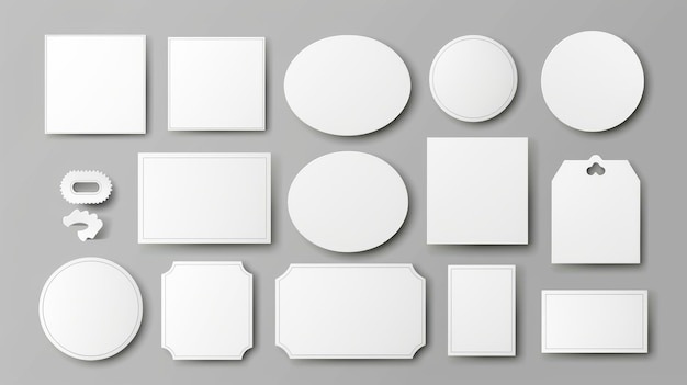 Photo isolated on a gray background a realistic set of blank circle and rectangular stickers and labels with folds