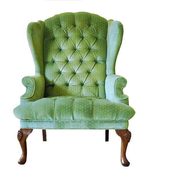 Isolated green armchair Vintage velvet chair Insulated furniture Green armchair on white