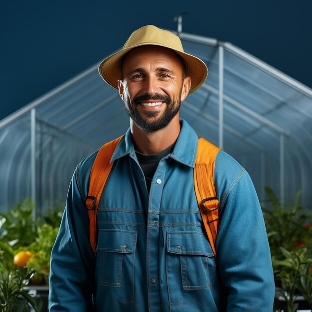 Photo isolated greenhouse worker on blue background