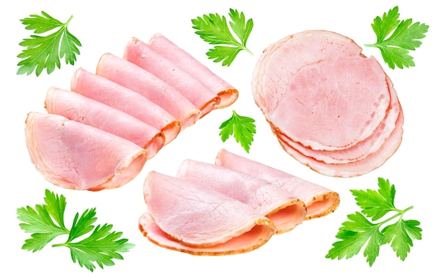 Photo isolated ham slices of smoked ham with parsley isolated on a white background with clipping path