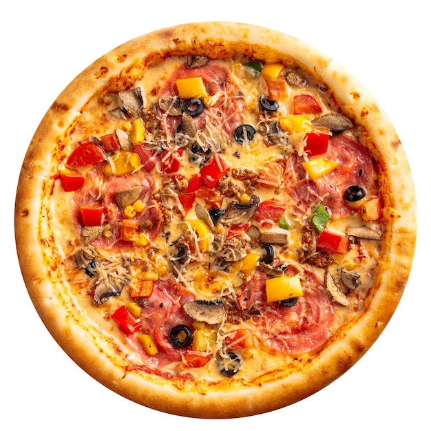 Isolated ham and vegetables pizza  