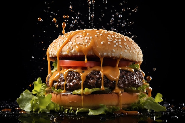 Photo isolated hamburger with splash ink background