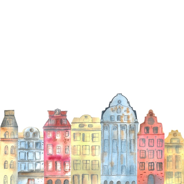 Isolated hand drawn watercolor houses scandinavia stockholm watercolor handmade primitive style