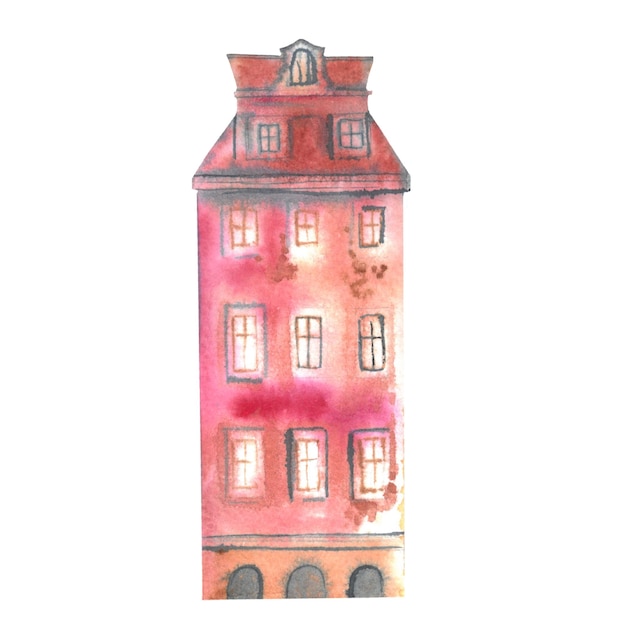 고립 된 손으로 그린 수채화 집 스칸디나비아 스톡홀름 수채화 수제 기본 스타일