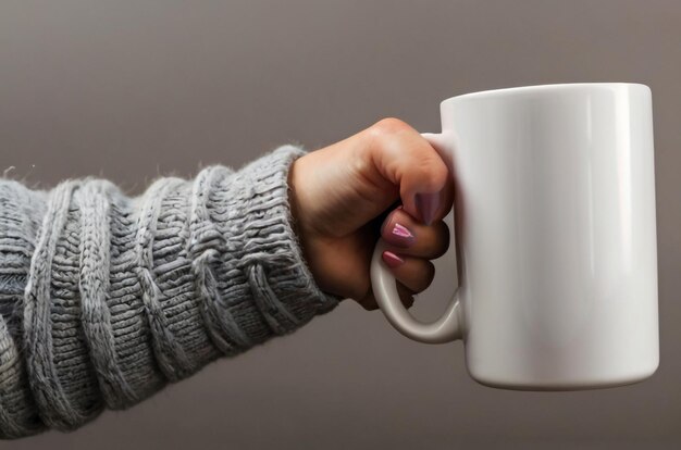 Photo isolated hand holding a white mug