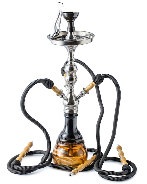 Isolated handcrafted hookah or water pipe on clear white background. Diferent parts of traditional shisha.