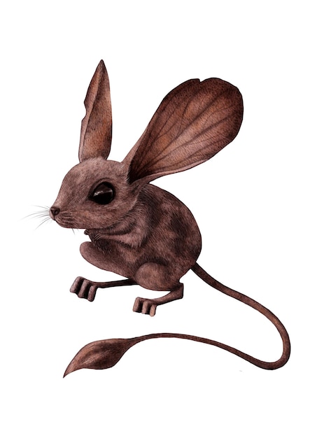 isolated handdrawn watercolor with detailed fur of a brown longeared jerboa on a white background