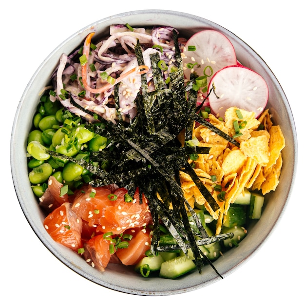 Isolated hawaiian salmon poke bowl on the white background