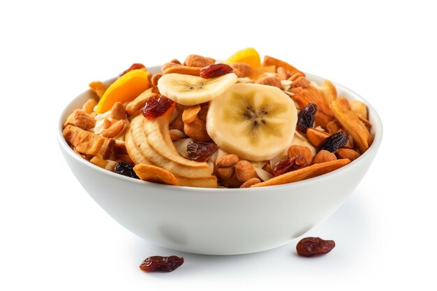 Isolated Healthy Breakfast Dried Fruits and Granola Bowl isolated on white background Generative Ai