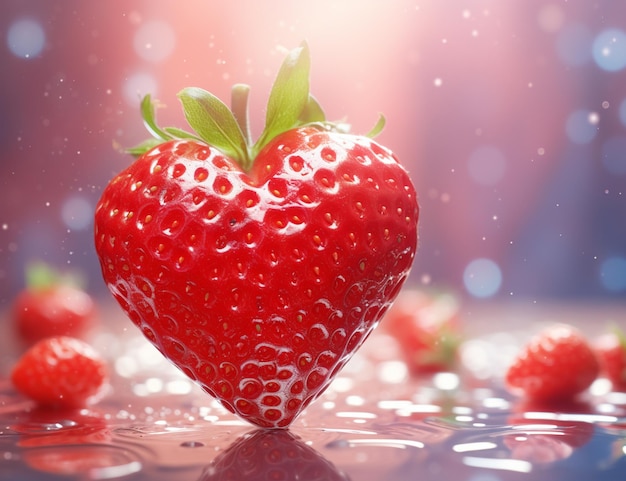 isolated heart shaped strawberry with green leaf and red background Copy space High quality photo