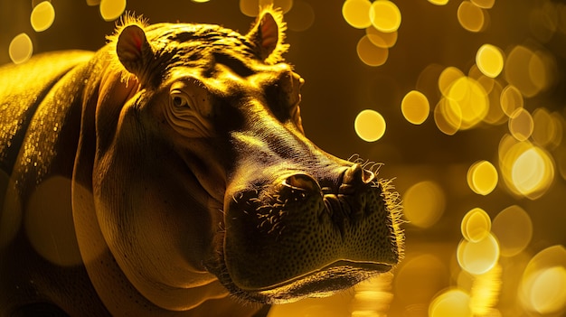 Isolated hippo with yellow lights in the background Wallpaper