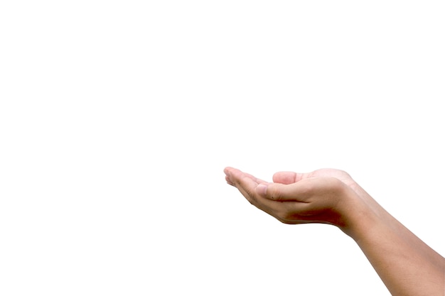 isolated of hold out of one hand for take something on white background