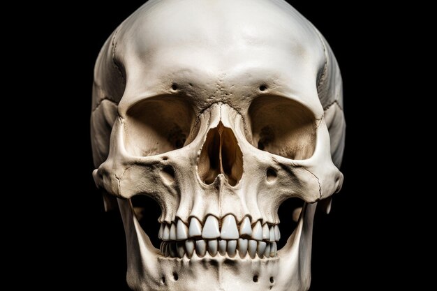 Isolated Human Skull on Black Background Detailed Anatomy of Bone and Brain in Creepy Macabre