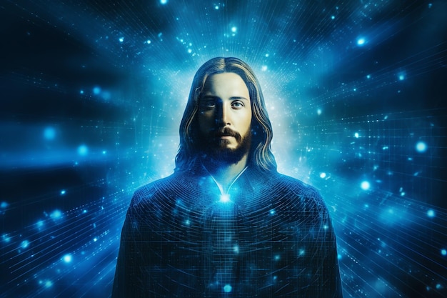 isolated illustration of jesus christ illustration with blue neural connection