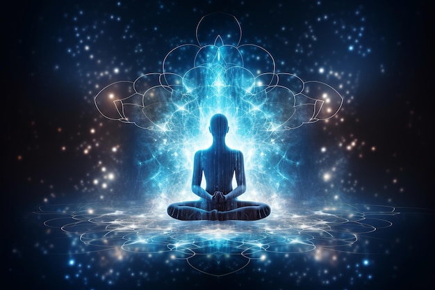 isolated illustration of yoga lotus pose icon shaped with blue neural connection