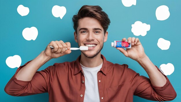 Photo isolated image of confident cheerful young brunette guy with bristle holding brush and tube of toot