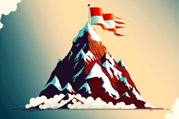 Isolated image of mountain with flag at top as symbol of challenge and achieving business goals