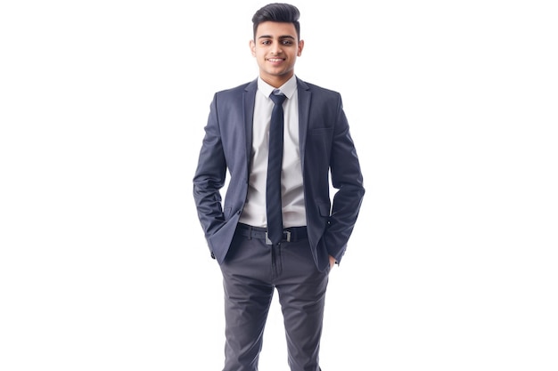 Isolated Indian businessman in suit interlocking fingers portrait