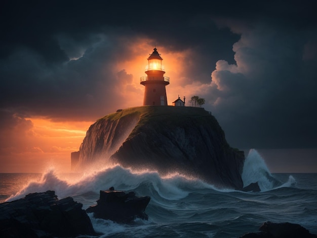 An isolated iron lighthouse shining