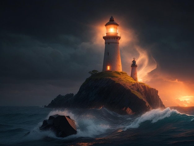 An isolated iron lighthouse shining