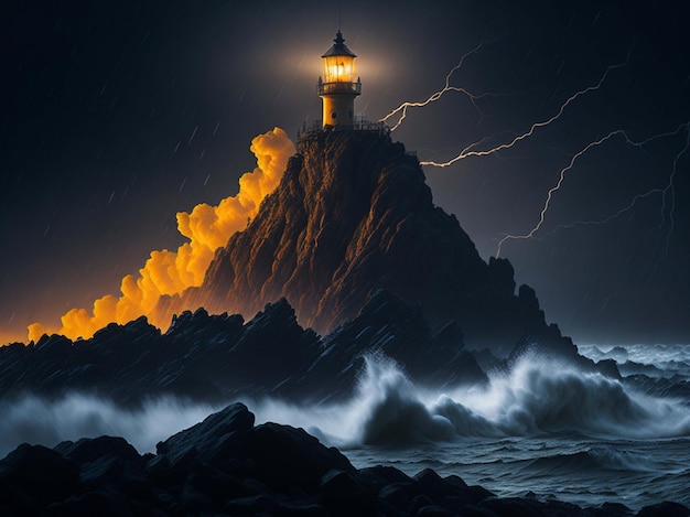Isolated iron tall lighthouse shining light out to sea at night as it sits on a rocky stone island