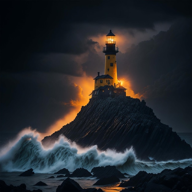 isolated iron tall lighthouse shining light out to sea at night as it sits on a rocky stone island